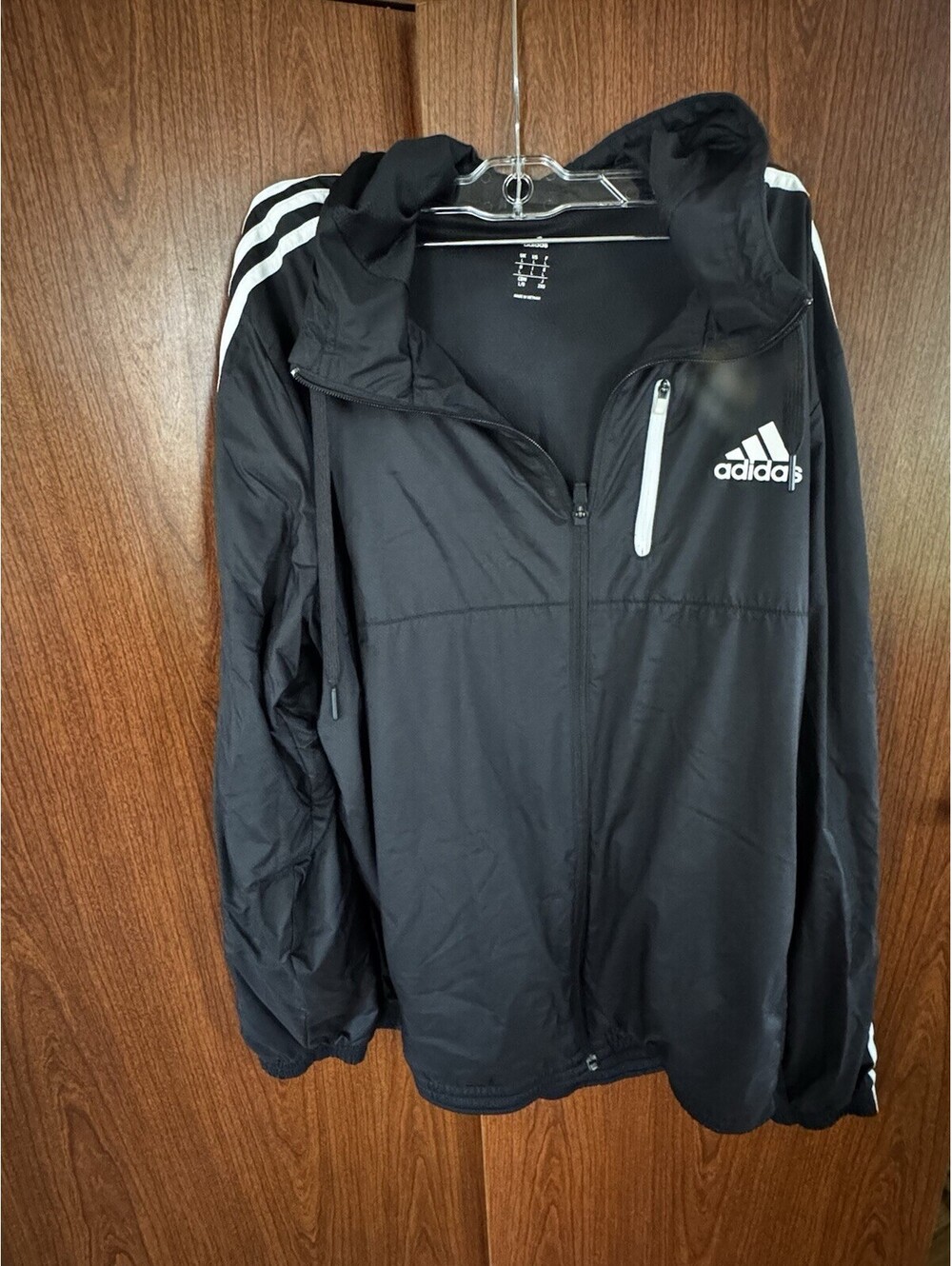 Adidas Essentials Mens L Black 3 Stripe Hooded Windbreaker Jacket AB2489